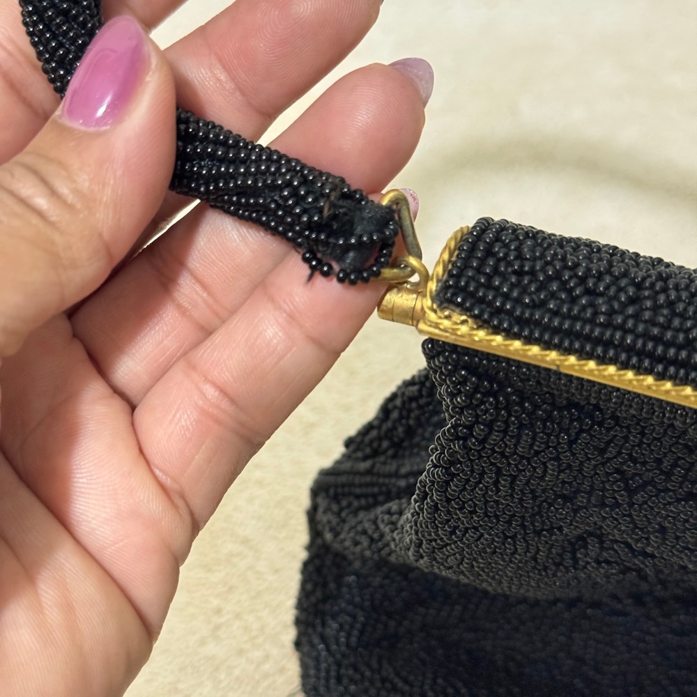 Vintage 1960s Black Hand Beaded Floral Evening Handbag Made in Hong Kong - Picture 9 of 14